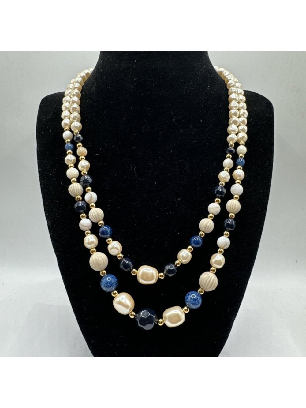 Vintage Liz Claiborne Faux Pearl Double Strand Blue 18" Beaded Necklace Marked